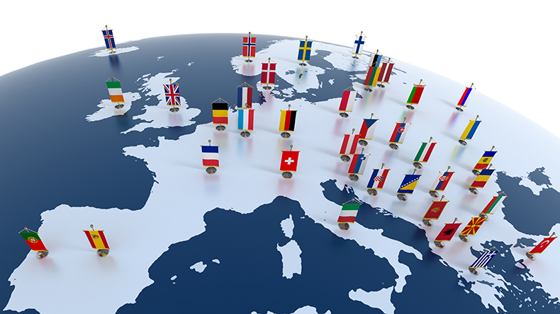 European countries - continent marked with flags 
