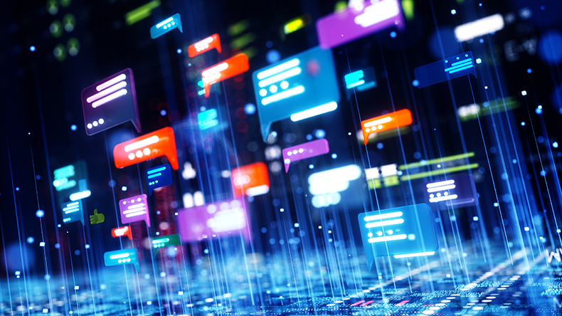 Digital generated image of abstract AI chat icons over digital surface. 