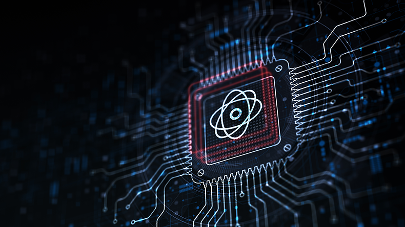 Quantum Computing Revolutionizing Information Processing Illustrated on a Processor Touched by a Human Hand.