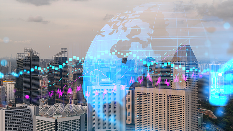 Glowing FOREX graph hologram, aerial panoramic cityscape of Singapore at sunset. Stock and bond trading in Asia. The concept of fund management. Double exposure.