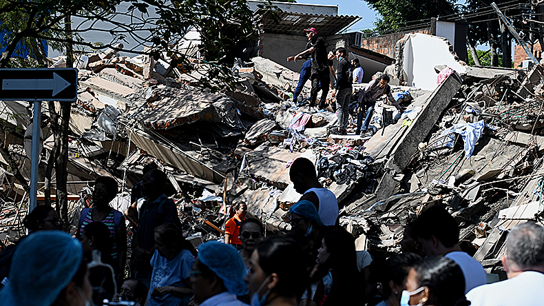 People work on a collapsed building after an earthquake in Cali, Colombia on August 10, 2026.