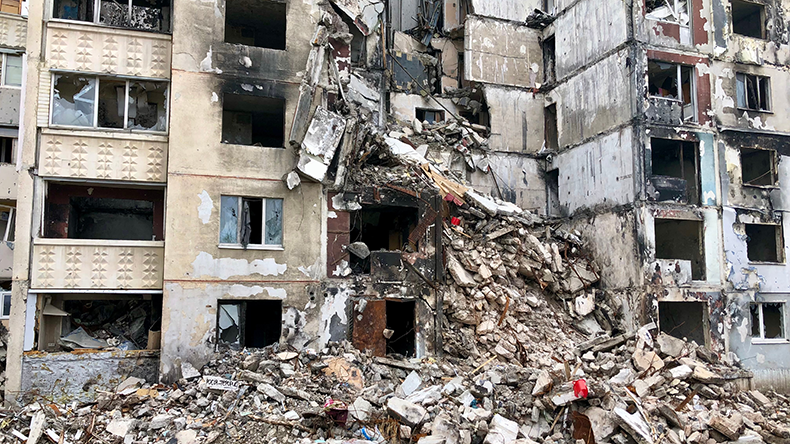Destroyed apartments in a multi-storey residential building. Residential area Saltovka.