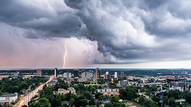 A panoramic view of storm clouds over the landscape of Waterloo, Ontario, Canada
