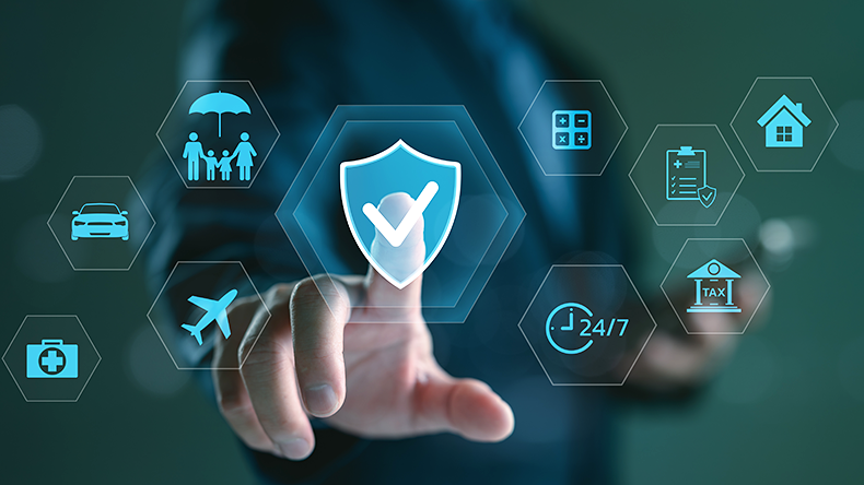 Concept of online insurance service, protection plan, financial security, and insurtech innovation for health, travel, and property coverage