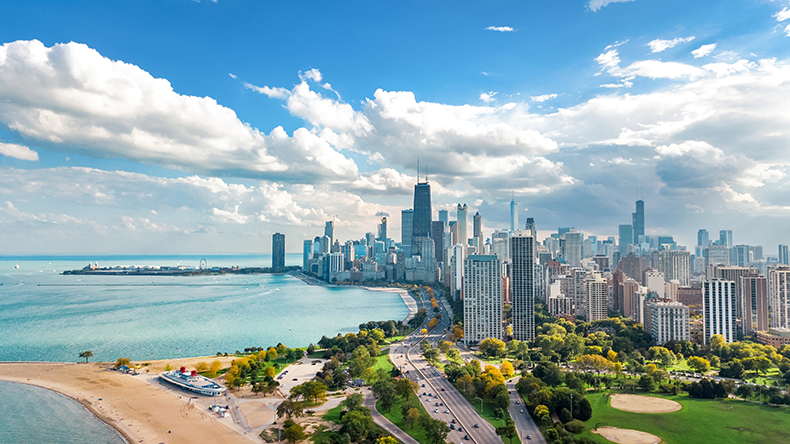 Chicago skyline aerial drone view from above, lake Michigan and city of Chicago downtown skyscrapers cityscape bird's view from Lincoln park, Illinois, USA.