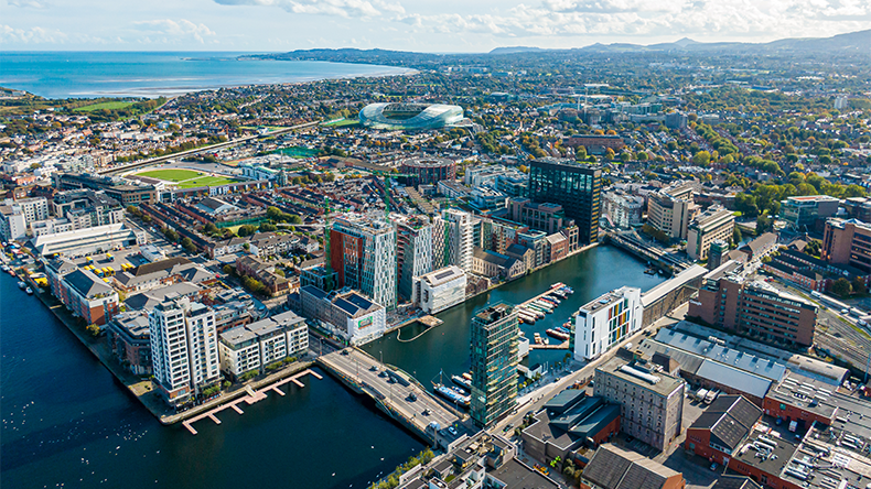 Aerial view on the channel part of Dublin near the port