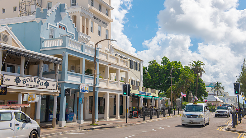 Front Street historic commercial buildings in Hamilton city centre in Bermuda.