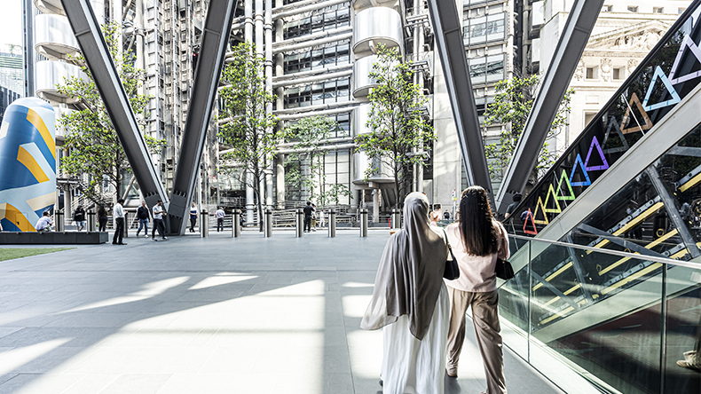 Lloyd’s Building in London’s City financial district, surrounded by modern and high-tech architecture