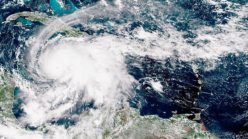 Hurricane Melissa, a category 5 storm, churns northwest through the Caribbean Sea on October 27, 2025.