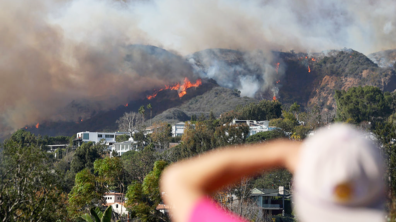 Palisades Fire burns amid a powerful windstorm on January 7, 2025 in Pacific Palisades, California. 