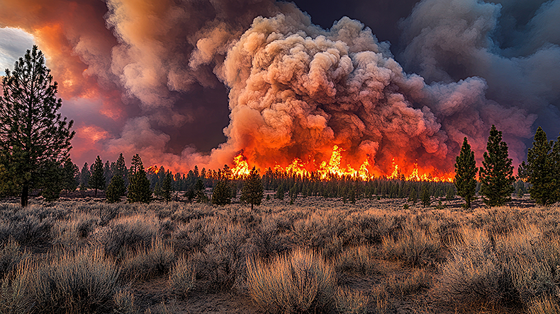 A fire burning through dry grassland, with flames licking at the sky and thick smoke rising.
