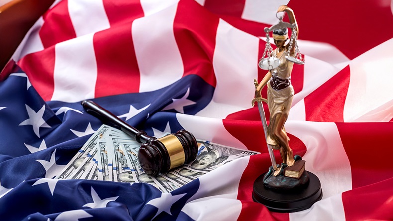 US flag gavel scales dollars