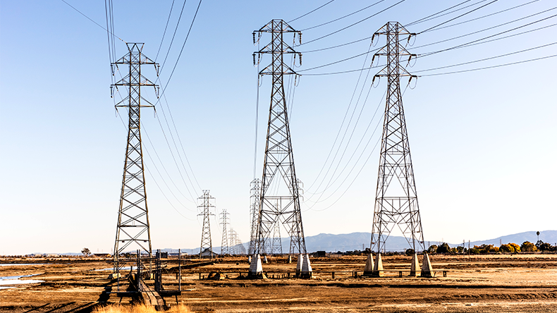 High voltage electricity towers and power lines on the shores of San Francisco, California