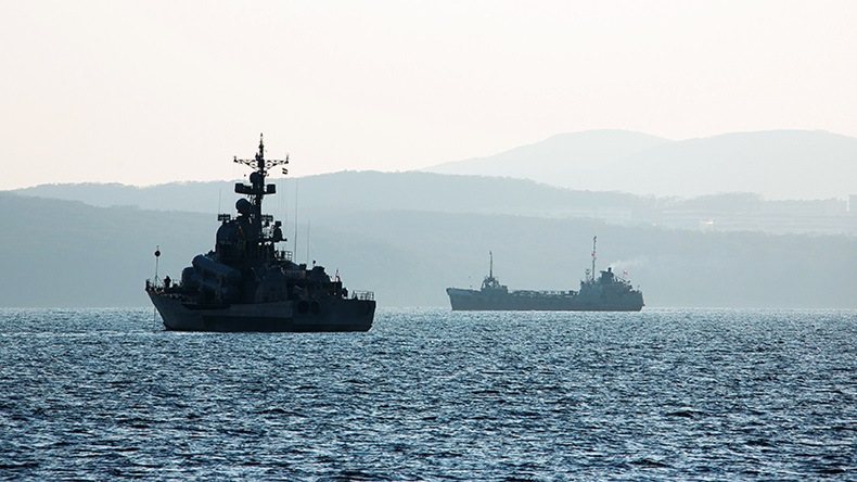 Russian navy ship with tanker