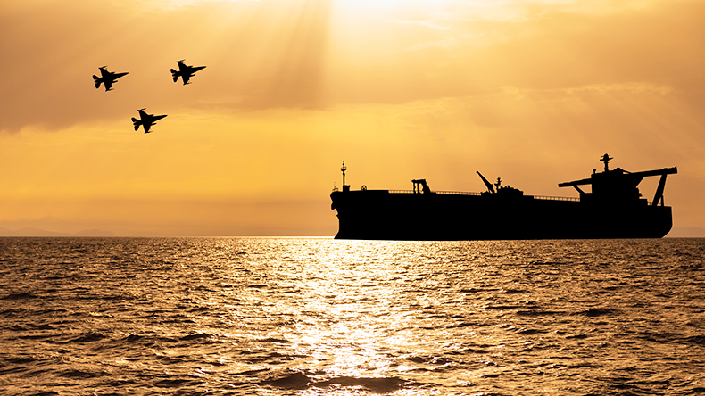 Tanker and fighter jets in the Strait of Hormuz, March 2026