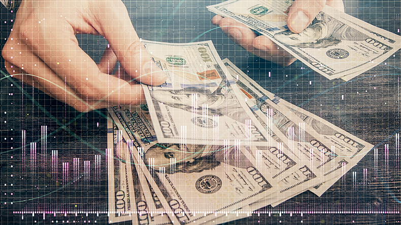 Multi exposure of financial graph drawing hologram and USA dollars bills and man hands. 