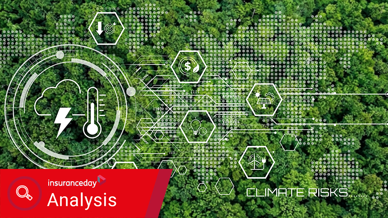 Global climate risks abstract concept with digital overlays showcasing environmental data and economic icons over lush green forest canopy