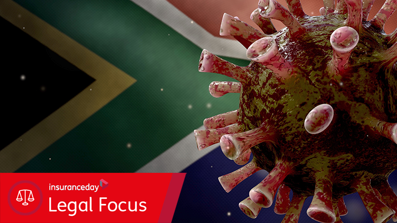Coronavirus floating over African RSA flag. South Africa and pandemic Covid 19.