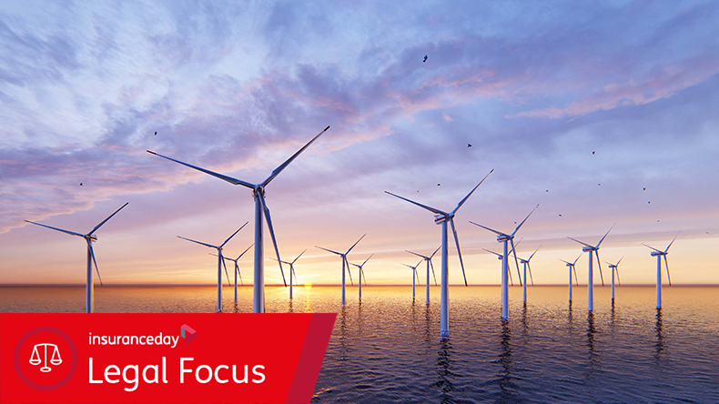 Windmill park. Offshore wind turbines farm on the ocean. Close up view. Sustainable energy production, clean power. 