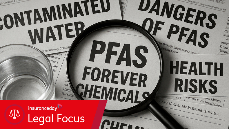 Magnifying glass over articles discussing health risks of PFAS chemicals in water.