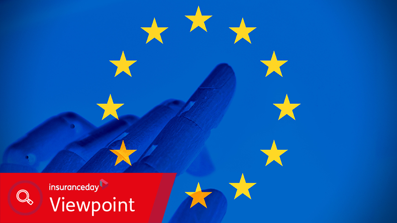 Creative representation of AI regulation in the European Union, with robotic hand and EU flag symbolizing balance between innovation and legal control in the age of artificial intelligence.