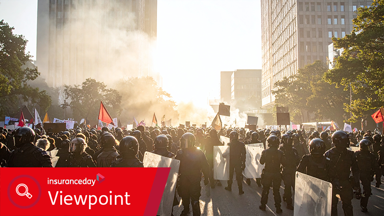Intense urban protest scene featuring police in riot gear with shields amidst smoke and bright light. A powerful metaphor for civil disobedience, law enforcement, and political struggle.