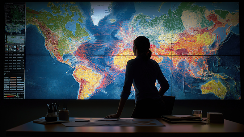Silhouette of a strategic risk analyst or data scientist studying a massive, glowing world map featuring intricate data visualizations of global trade routes and geopolitical tensions in a dark. 