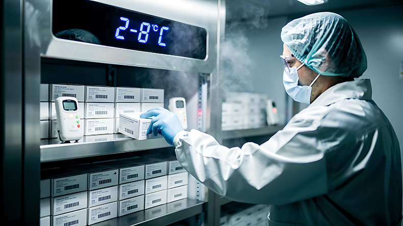 Scientist in a medical laboratory storing vaccine box in a commercial cryogenic refrigerator. Pharmaceutical worker manage low temperature supply chain for medical research and development.