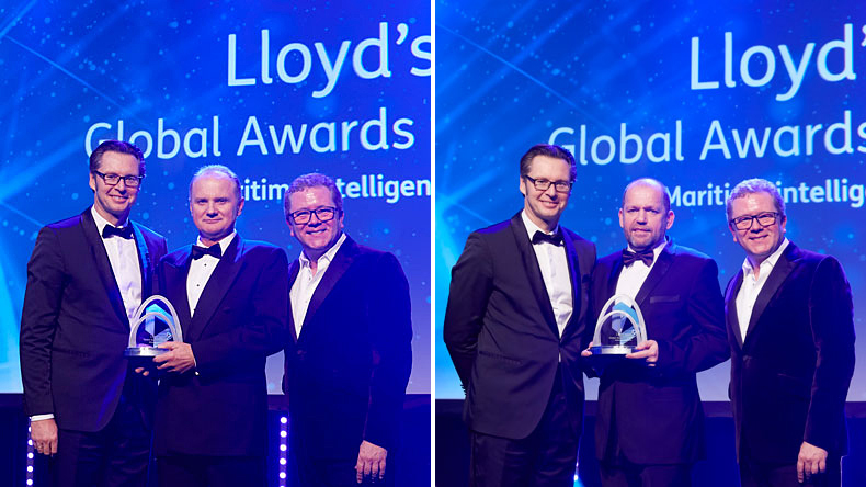 Left: Environment award sponsor Knut Ørbeck-Nilssen, CEO Maritime, DNV GL (left) hands the prize to  Oleg Kalinin, Fleet Director of SCF Management Services. Right: Knut Ørbeck-Nilssen, CEO Maritime, DNV GL hands the prize to Robert Waterman CEO at CMA CGM UK Shipping Ltd