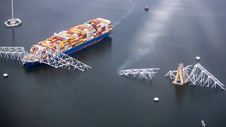 Aerial view, cargoship Dali is seen after running into and collapsing the Francis Scott Key Bridge on March 26, 2024 in Baltimore, Maryland