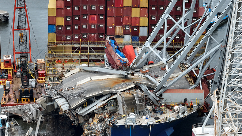 Salvage crews continue to remove wreckage from the Dali six weeks after the cargo ship collided with the Francis Scott Key Bridge May 08, 2024 in Baltimore, Maryland