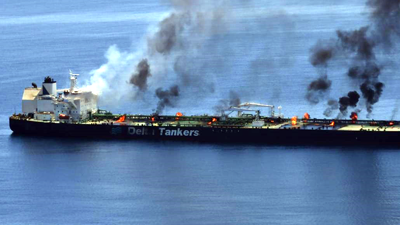 Close up of tanker deck with flames and smoke