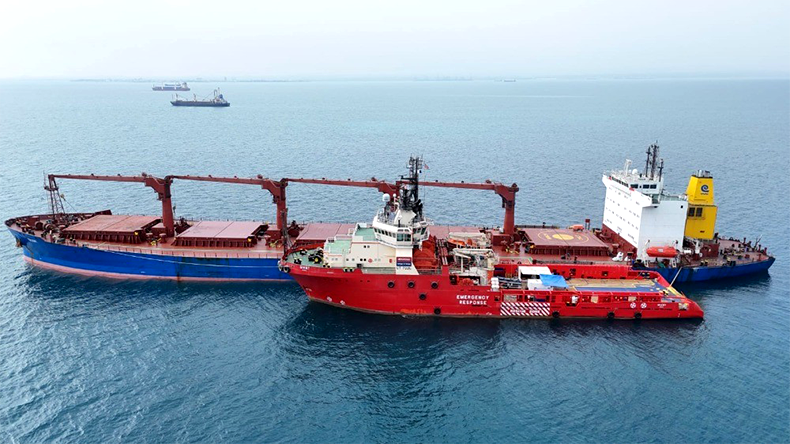 Salvage tug 'giant' alongside the immobilised bulker Trogir (we have permission - but no credit requested)