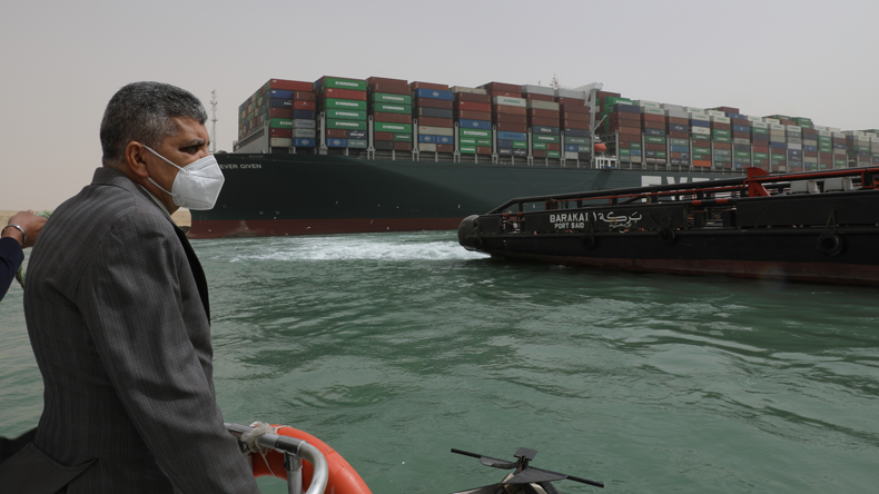 Osama Rabie, chairman of the Suez Canal Authority, watching progress at the Ever Given grounding. Credit Suez Canal Authority