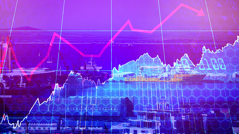 Stocks and shares against view of harbour