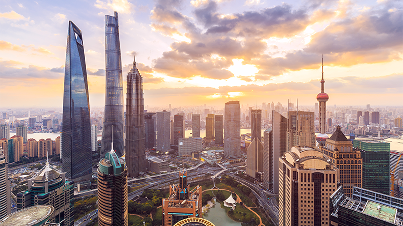 Shanghai skyline and cityscape at sunset