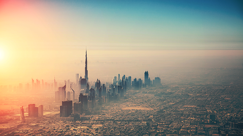 Aerial view of Dubai city in sunset light