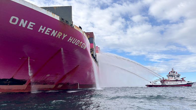 Fire being put out on ONE container ship