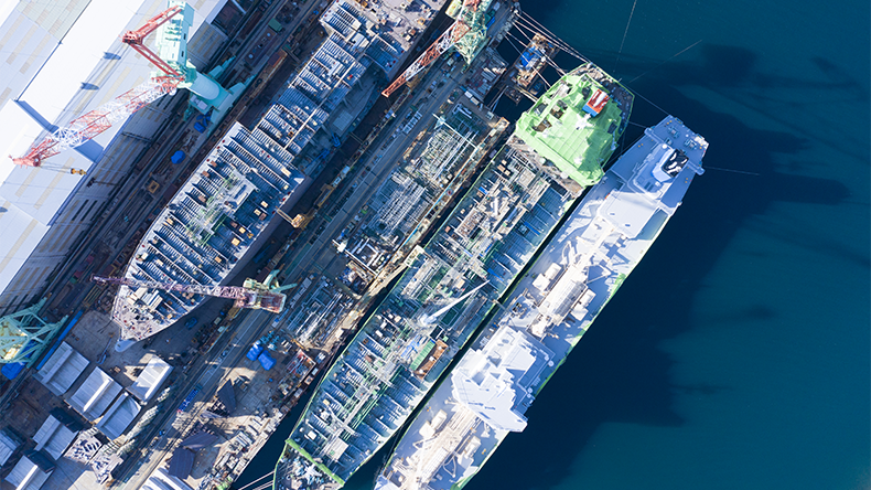 Aerial view of ships being built at a shipyard