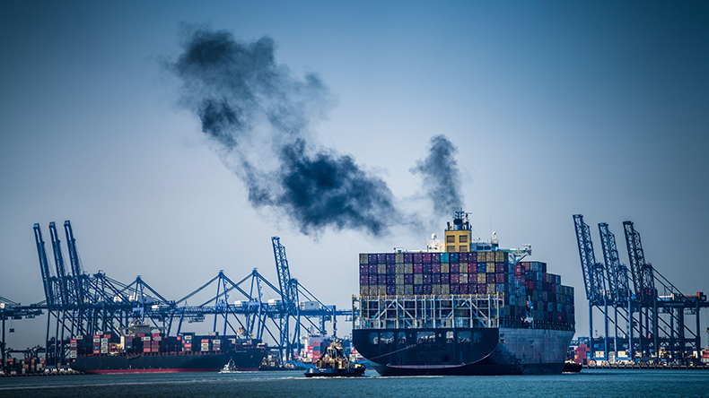 Ship funnel emits black smoke at Felistowe port