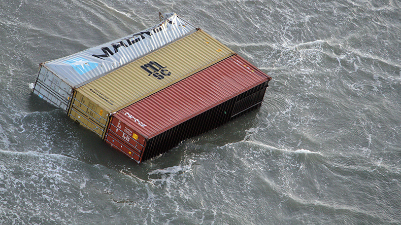 Containers from container vessel float in the North Sea