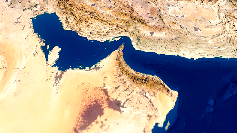Strait of Hormuz and satellite view of Iran, United Arab Emirates, Qatar, Bahrain and Oman