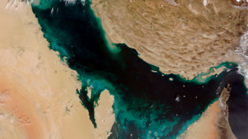 Satellite view of the Middle East Gulf. Swirls of tan, greens and peacock blue decorate the dark blue water