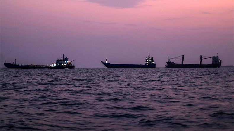 Vessels transit the Strait of Hormuz off the coast of the port city of Bandar Abbas in southern Iran on September 5, 2026