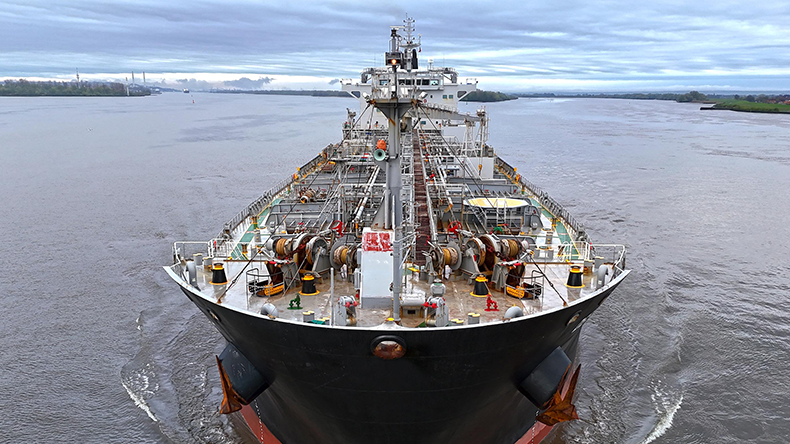 Medium range two product tanker with clear sky behind