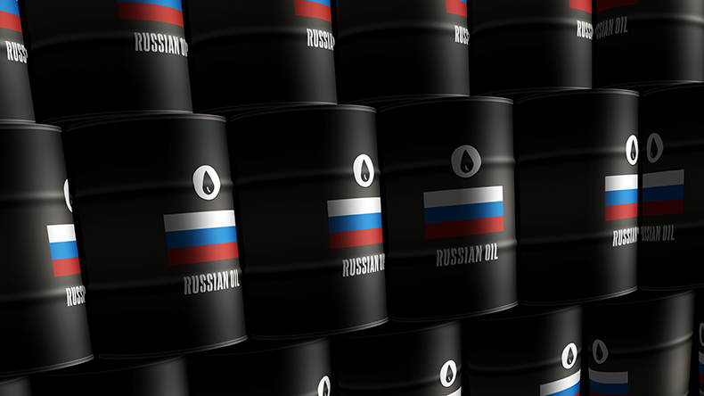 Russia oil crude petroleum fuel barrels in row as a 3D illustration