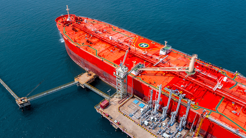 Aerial view of tanker at berth
