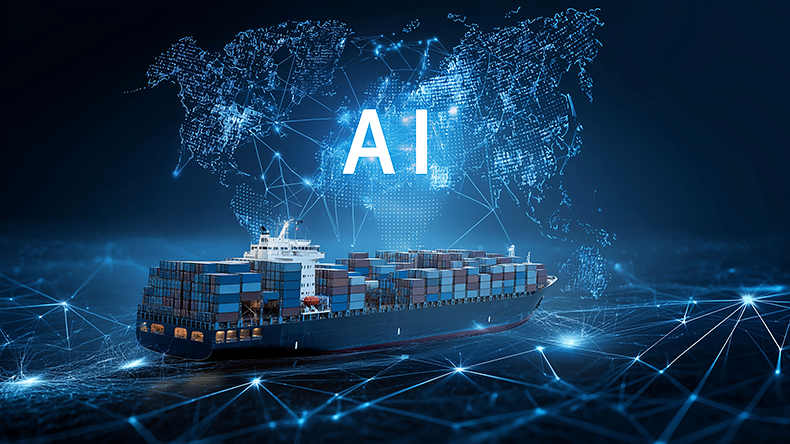 AI and global logistics concept with world map, supply chain network, and container ship for import-export