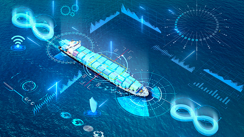 Cargo Container Ship with circular economy icon. Sustainable strategy approach to eliminate waste and pollution.