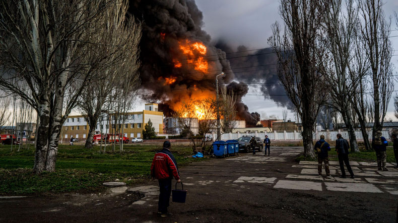 Odesa: Flames rise from a rocket strike on an industrail area near the port